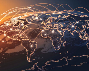 Poster - A detailed digital map illustration showing global interconnected networks and data flow across the continents, symbolizing global connectivity and communication.