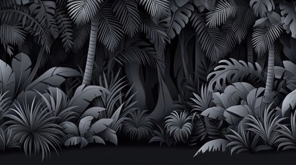 Poster - Monochrome Tropical Jungle Lush Foliage Scene