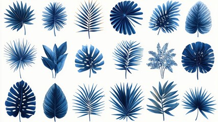 Wall Mural - A collection of blue-toned tropical leaves arranged artistically.