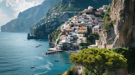 Wall Mural - view of Positano town - famous old italian resort at summer day, Italy, retro toned