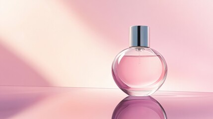 Leinwandbilder - Sleek cosmetic bottle on a reflective surface against a clean pastel background with space for brand messaging. Generative AI