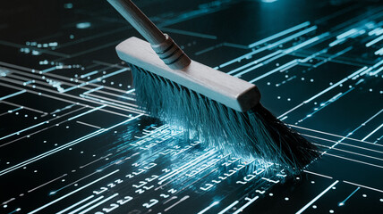 Poster - A close-up view of a broom sweeping through digital lines and binary code, symbolizing data cleaning, digital maintenance, and cybersecurity in a futuristic computing environment.