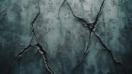 Wall Mural - Cracked gray concrete wall with deep fissures and texture captured in low light at an urban location