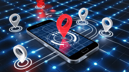 Poster - A high-tech concept image of a smartphone with location pins on a digital map, representing GPS, geolocation, and mobile navigation technology.