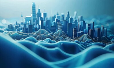 Poster - City skyline emerging from vibrant blue waves showcasing innovative architectural designs