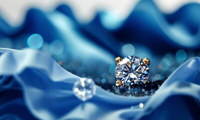 Poster - Sparkling diamond shines brightly against a shimmering blue background with soft lights creating a dreamy atmosphere