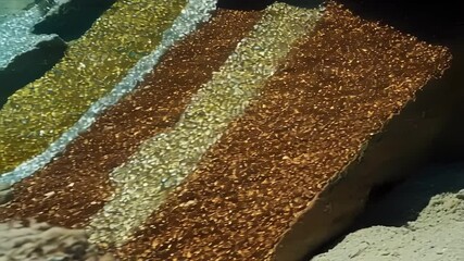 Poster - Vibrant mineral deposits illuminating underwater rock formation, creating mesmerizing metallic patterns and shimmering geological textures across deep ocean seabed landscape