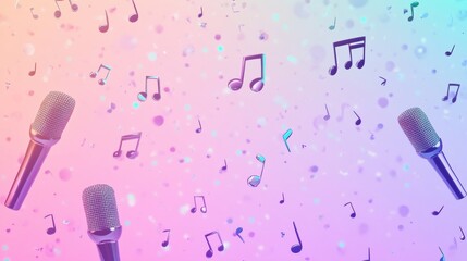 Fototapete - Vibrant minimalist K pop inspired background with music notes and microphones in a colorful atmosphere. Generative AI