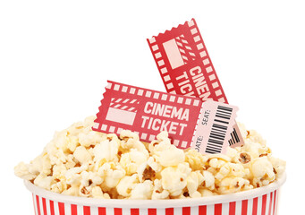 Wall Mural - Tasty popcorn and movie tickets isolated on white