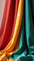 Aufkleber - Three different colored pieces of cloth are shown. The first is red, the second is yellow, and the third is green