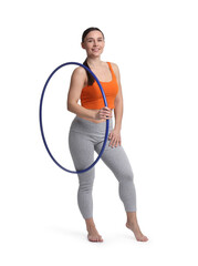 Wall Mural - Smiling woman with hula hoop on white background