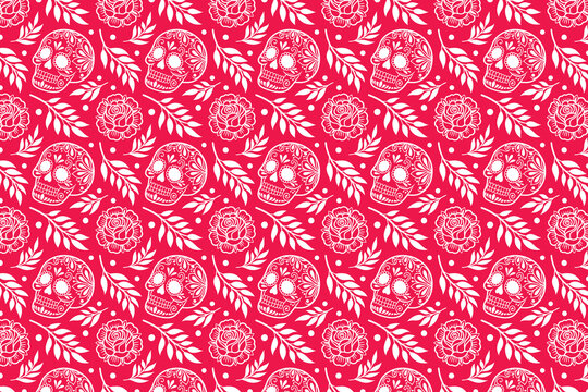 Mexican Folk art with Sugar Skulls and Flowers Seamless Pattern Vector Illustration