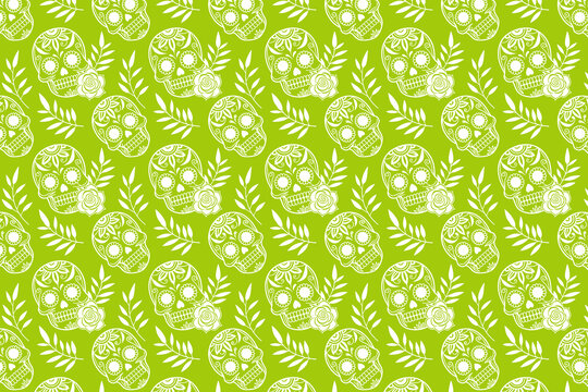 Mexican Folk art with Sugar Skulls and Flowers Seamless Pattern Vector Illustration
