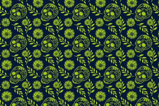 Mexican Folk art with Sugar Skulls and Flowers Seamless Pattern Vector Illustration