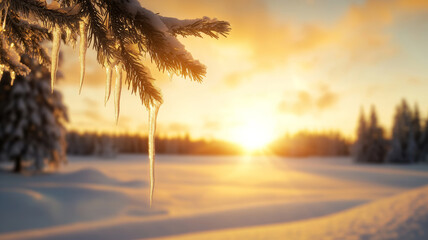 Wall Mural - icicles glisten at sunset, framed by snowy branches and a glowing landscape in winter tranquility