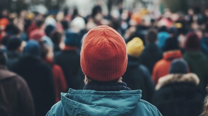 Person in crowd, city protest, demonstration, blurred background, social event