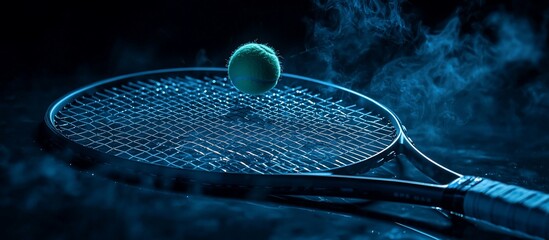 Wall Mural - A close-up of a tennis racket with a neon-lit tennis ball hovering above it in a misty setting