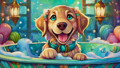 Poster - oil painting style cartoon character illustration  A playful golden retriever enjoys a luxurious bath