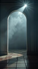 Leinwandbilder - A dark room with a light shining through a doorway. There is a person in the doorway