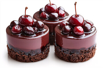 Wall Mural - Three shiny, dark chocolate cakes adorned with fresh, glossy cherries on a bright white surface.