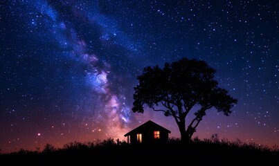 Wall Mural - A Silhouetted House and Tree Stand Beneath the Milky Way Galaxy's Starry Splendor