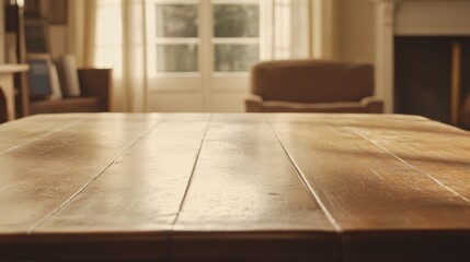 Wall Mural - Sunlit wooden table in living room, cozy background