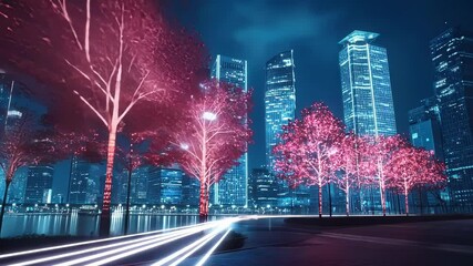 Poster - glowing pink trees lighting up a futuristic cityscape at night, with vibrant light trails creating a