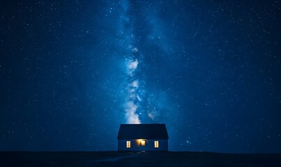 Wall Mural - A lonely house stands beneath a starlit sky with the Milky Way shining bright above its roof