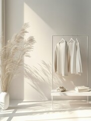 Canvas Print - Minimalist clothing display featuring neutral tones and soft shadows in a serene indoor environment. Generative AI