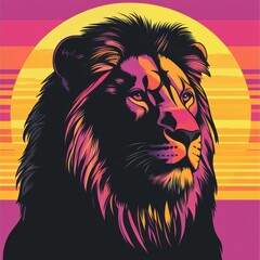 Aufkleber - Vibrant pop art lion portrait against a bold savanna sunset, ideal for creative projects with plenty of text space. Generative AI