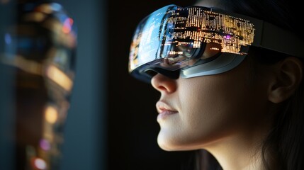 A thoughtful female programmer engaged with sophisticated digital technology