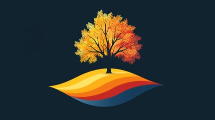 Wall Mural - A vibrant tree with autumn leaves atop colorful waves.