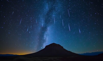 Wall Mural - Night Sky with Shooting Stars and a Mountain Silhouette against the Milky Way Galaxy