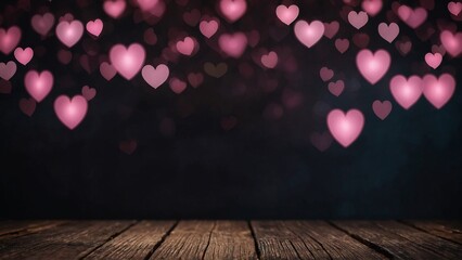 Wall Mural - Rustic wood mockup surface with pink bokeh hearts on black background