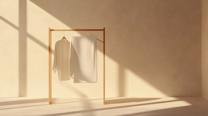 Poster - Minimalist clothing rack displays neatly arranged garments in a bright, sunlit room with soft shadows. Generative AI