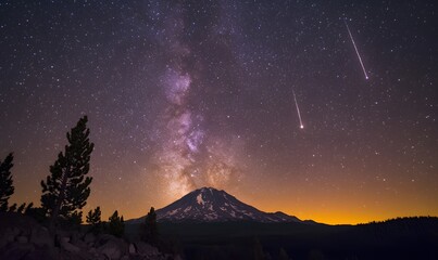 Wall Mural - A majestic mountain under a vibrant night sky with shooting stars and the milky way