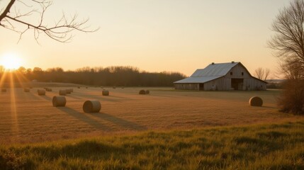 Wall Mural - Serene Sunset Over Field with Hay Bales and Rustic Barn