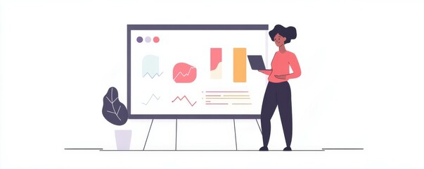 Poster - African female adult analyzing business charts on presentation board with laptop