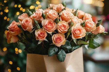 Wall Mural - Peach roses bouquet in front of blurred christmas lights creating a warm holiday atmosphere