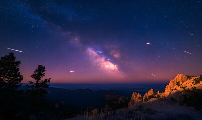 Wall Mural - Night Sky with Milky Way and Shooting Stars Over Mountain Landscape at Dusk