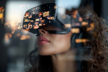 Poster - Asian woman dons a VR headset to connect to the internet for business technology, AI, and IoT, interacting with a holographic interface screen at a modern office