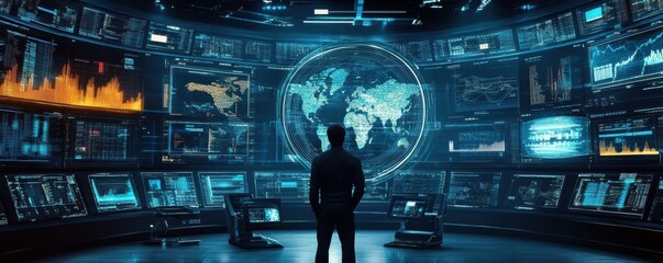 Poster - Male adult observing futuristic digital control room with data screens and global map display