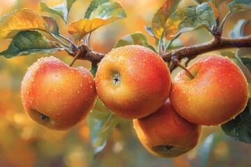 close-up of juicy red apples ripening on a tree branch, glistening with water droplets