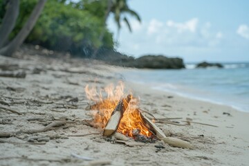 Wall Mural - Tropical beach campfire with driftwood and ocean waves under palm trees