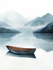 Aufkleber - Serene watercolor artwork of a calm mountain lake with a single rowboat and a blank sky for text. Generative AI