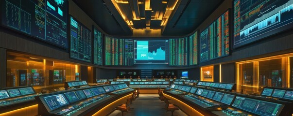 Poster - Advanced financial data center with interactive screens and diverse digital displays