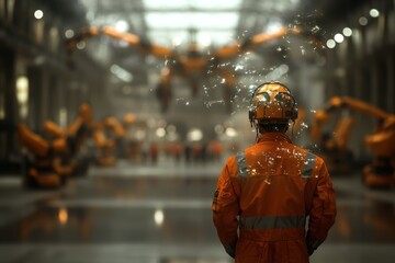 Poster - Engineer utilizes VR virtual reality technology to control and operate robot machines in a modern factory