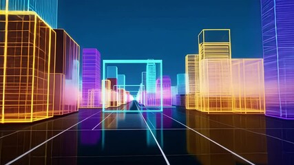 Aufkleber - Complex neon colored wireframe structure resembling a modern building stands out against a vibrant blue backdrop, creating a futuristic and abstract architectural visualization