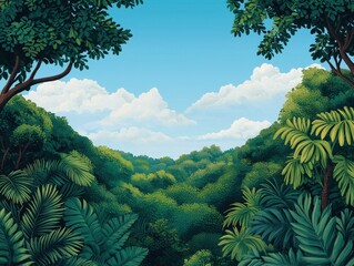 Wall Mural - A vibrant jungle scene featuring lush green foliage under a bright blue sky with fluffy clouds, creating a serene and inviting atmosphere.