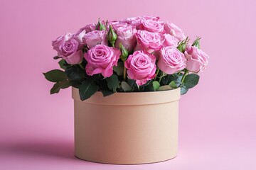 Wall Mural - Beautiful bouquet of pink roses blooming in round cardboard box on pink pastel background